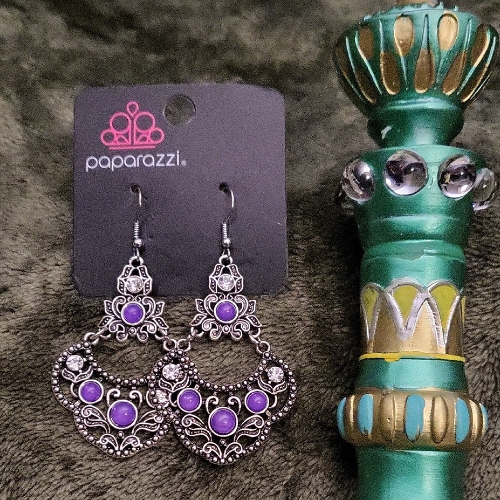 Paparazzi Purple Silver Ornate Earrings